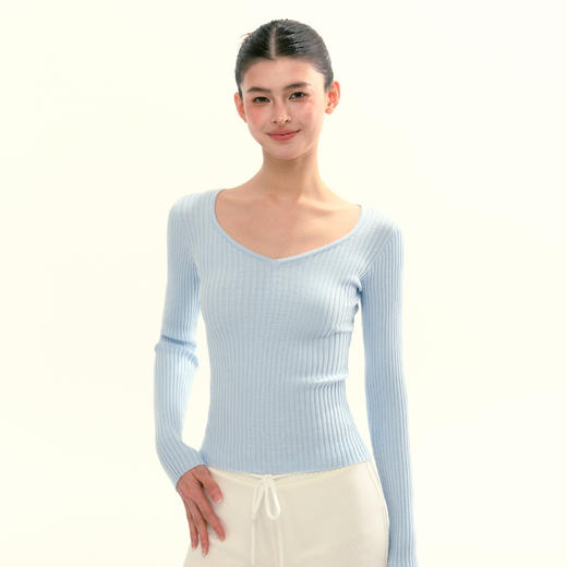 Ariseism 美式复古3色v领坑条纹长袖针织衫女秋季新款修身上衣 商品图2