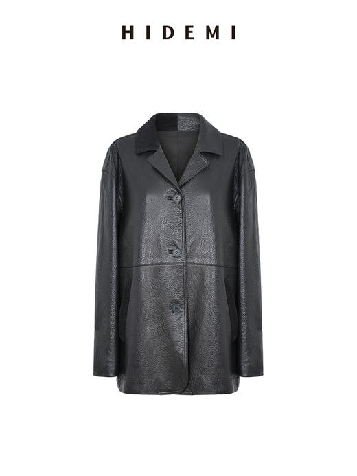 HIDEMI 进口荔枝皮大象纹麂皮领不对称拼接皮西装外套 商品图5