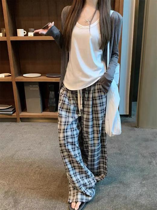 【GZ】无忧购慵懒风灰色单排扣防晒开衫+宽松打底背心+格子休闲套装6993（截单后3-5天发货) 商品图4