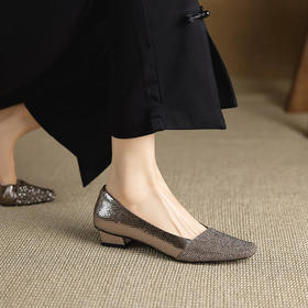 【预售5天】方头水钻浅口真皮粗跟单鞋，一脚蹬中跟鞋子YX&A1851