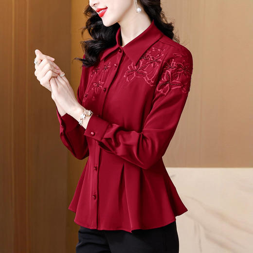 长袖刺绣衬衫女春季新款妈妈红色气质上衣漂亮小衫收腰洋气 商品图2