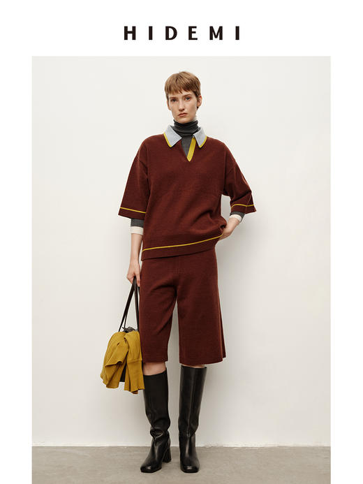 HIDEMI 进口澳洲美利奴羊毛马卡龙拼接撞色polo领中袖中裤针织毛衣套装 polo衫/中裤 商品图0