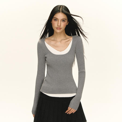 Ariseism 美式复古假两件v长袖领毛衣女秋季新款修身上衣 商品图0