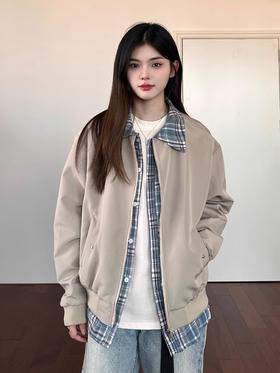 【美式Cleanfit假两件翻领夹克外套】春秋季新款 宽松潮流内搭格子上衣