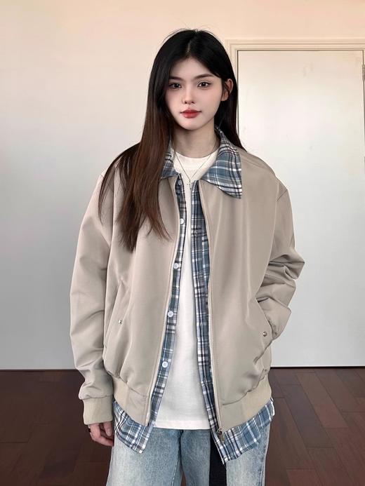 【美式Cleanfit假两件翻领夹克外套】春秋季新款 宽松潮流内搭格子上衣 商品图0
