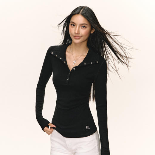 Ariseism 美式复古黑色亨利领长袖t恤女秋季新款修身上衣 商品图0