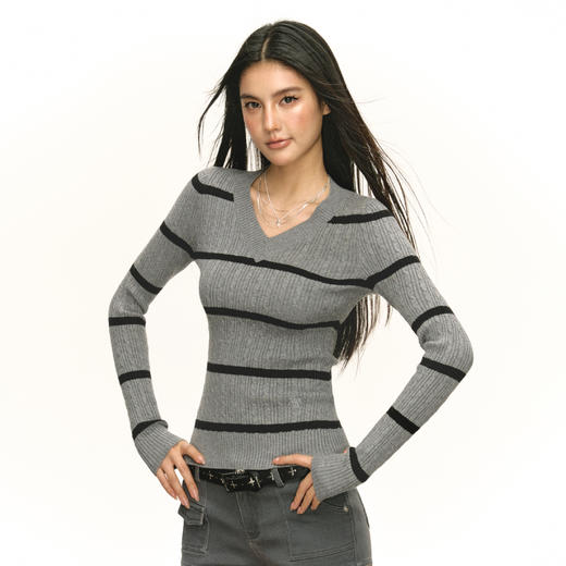Ariseism 美式复古双色条纹长袖套头毛衣女秋季新款修身上衣 商品图3