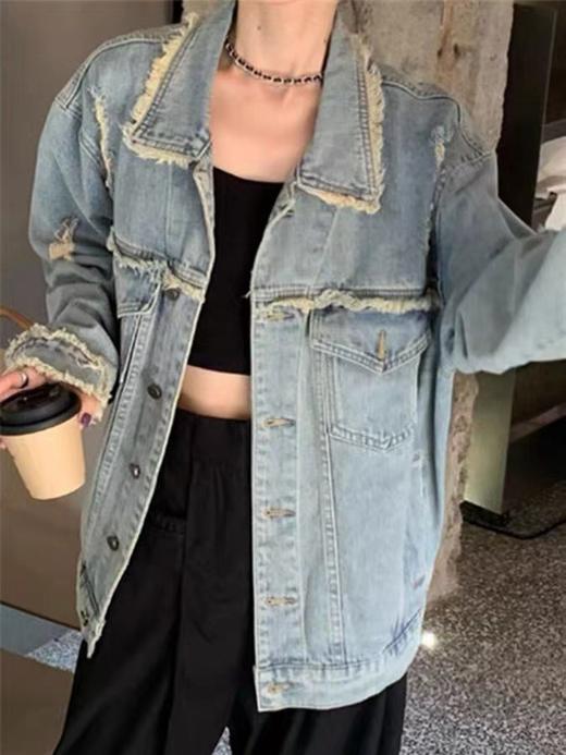 【复古毛边做旧破洞牛仔外套】春秋宽松休闲百搭工装夹克上衣潮ins  商品图3