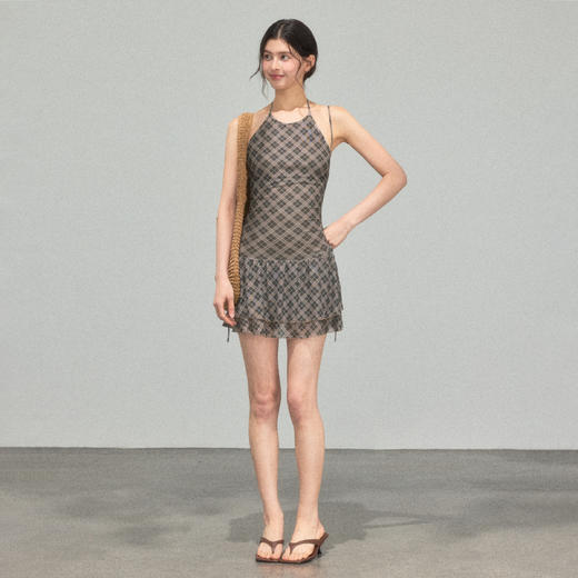 Ariseism 美式复古设计感格纹挂脖连衣裙女夏季新款修身裙子 商品图4