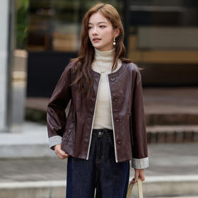 YYG82979休闲女皮衣2025秋季新款圆领单排扣pu宽松外套条纹拼接百搭皮夹克