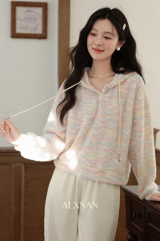 鹿向南「霓虹烬霭」慵懒风彩色条纹连帽卫衣女初秋宽松巨显瘦上衣 商品图5