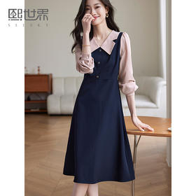 【年终特卖】熙世界撞色假两件连衣裙女时尚复古高级感气质收腰裙子2025秋款