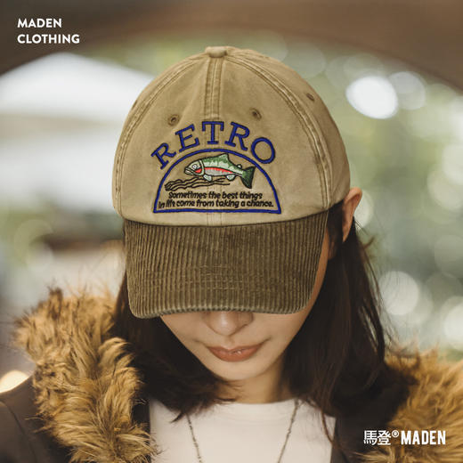 马登美式复古卡其灯芯绒弯檐硬顶棒球帽刺绣做旧鸭舌遮阳帽子女士 商品图0