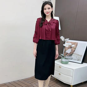 QYM 5A25212-Y蝴蝶结时尚连衣裙时尚拼结假两件连衣裙高腰开衩裙