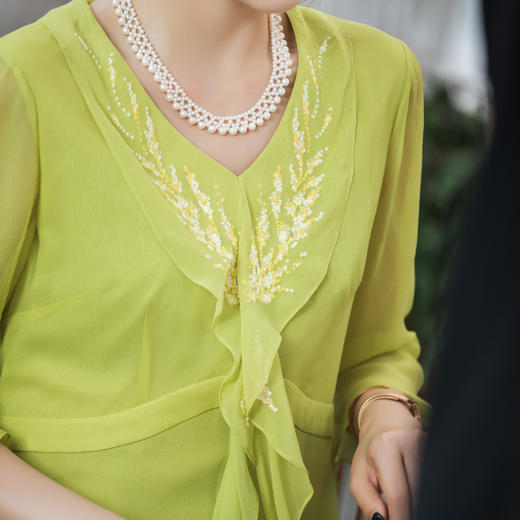 【林栖设计小店】【林栖推荐】（现货）麦穗绣花绿色真丝连衣裙女2025早秋100%桑蚕丝连衣裙N1953320 商品图6