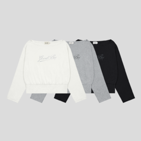 GOODBAI 斜体logo做旧印花露肩领宽松短款长袖T恤