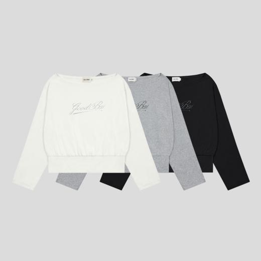 GOODBAI 斜体logo做旧印花露肩领宽松短款长袖T恤 商品图0