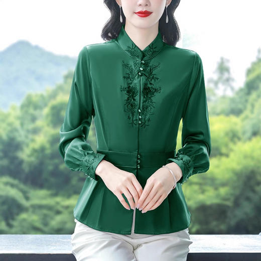 新中式缎面立领长袖衬衫女2025秋季新款高端刺绣衬衣减龄收腰上衣 商品图3