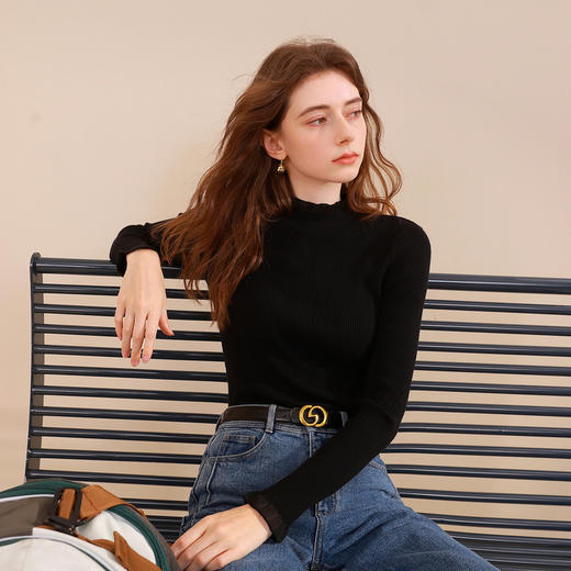 三彩2025冬季新款纯色针织衫玻璃纱拼接毛衫内搭打底衫修身M 商品图2