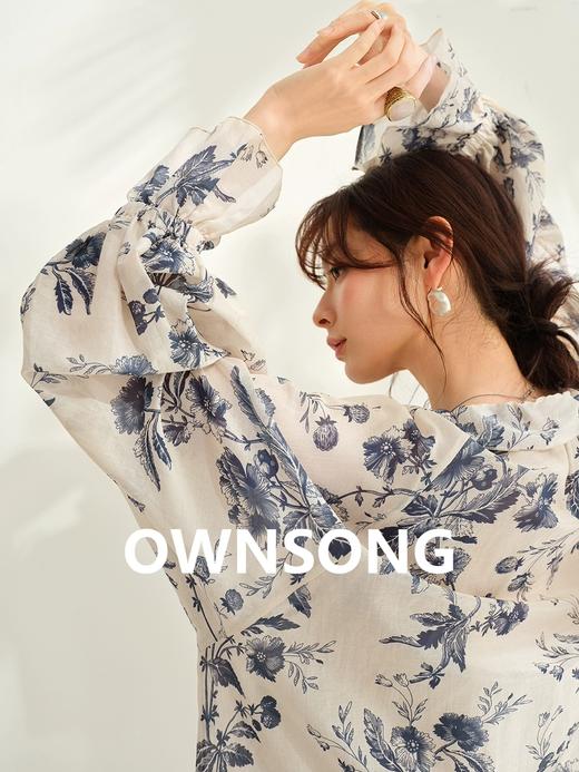 大美水墨蓝花卉印花大廓形木耳花边系带灯笼袖天丝衫 商品图10