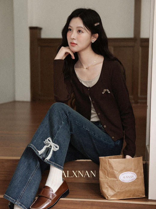 鹿向南「栖蝶浮光」复古蓝色阔腿牛仔裤女秋新款垂感直筒遮肉长裤 商品图4