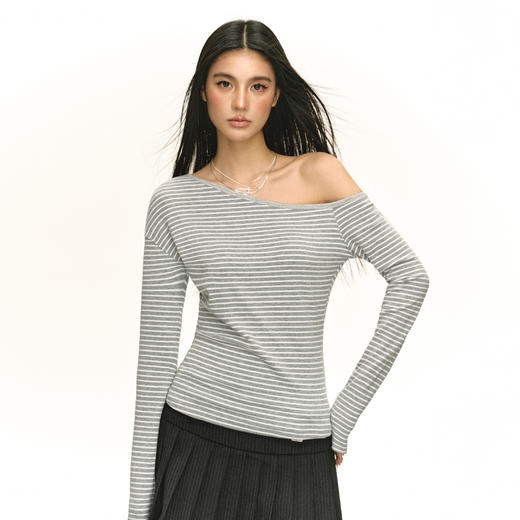 Ariseism 美式复古高级感斜肩条纹长袖T恤女秋季新款修身上衣 商品图3