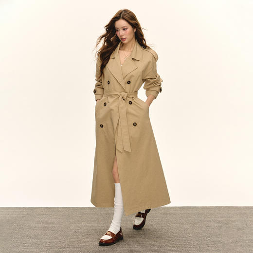 Ariseism美式复古卡其色翻领双排扣中长款气质风衣外套女秋季新款 商品图0