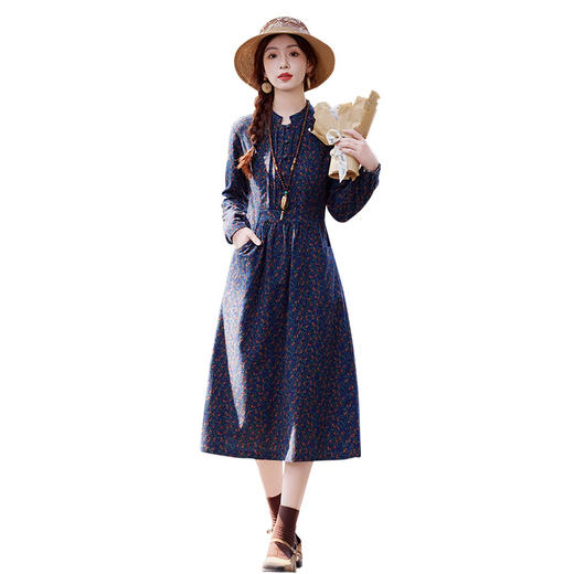 SYY2578立领挂脖式秋季多色显瘦2025连衣裙收腰长袖度假风ins风碎花气质 商品图4