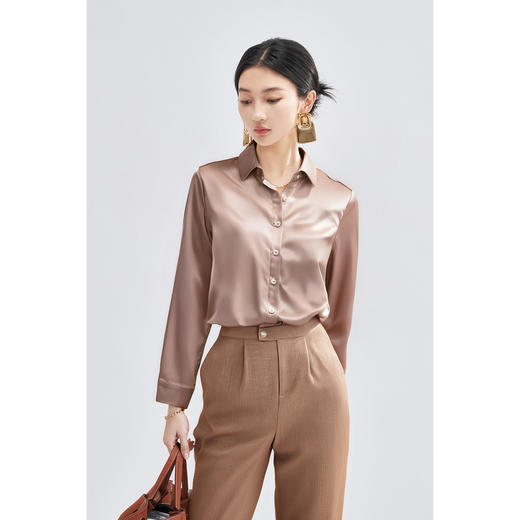 「紫韵丝光」桑蚕丝衬衫 舒适真丝 简约通勤风职业翻领单排扣衬衫长袖上衣1419 商品图0