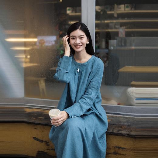 绽放旅行女装500朵/色织亚麻圆领拼花边插肩秋季长袖连衣裙女新款 商品图1