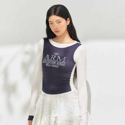 Ariseism 美式复古双色假两件长袖t恤女秋季新款修身上衣 商品图2