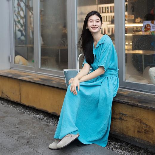 绽放女装553朵/高端汉麻水果酵素洗V领翻领设计感七分袖连衣裙女 商品图0