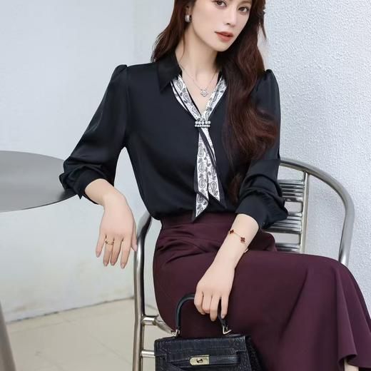 「自」全新升级【铂金会员146/天猫199/差价53】(02217)洛诗琳法式优雅V领衬衫2025秋季新款气质飘带雪纺上衣女 商品图3