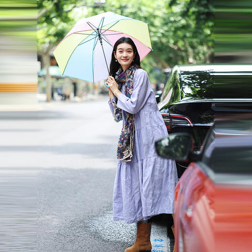 绽放旅行女装513朵/砂洗亚麻V领半开襟正常肩长袖蛋糕型连衣裙秋 商品图1