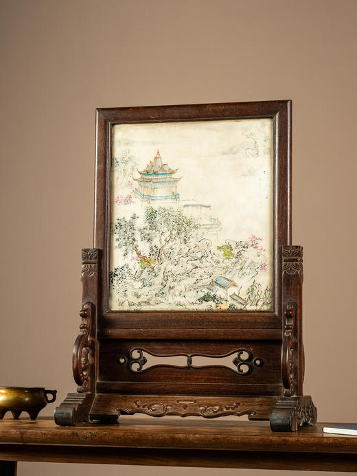 清	红木镶云石彩绘山水楼台大插屏 商品图0