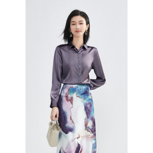 「紫韵丝光」桑蚕丝衬衫 舒适真丝 简约通勤风职业翻领单排扣衬衫长袖上衣1419 商品图2