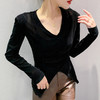 时尚垫肩褶皱收腰长袖开叉不规则丝绒小衫上衣女秋冬内搭外穿T恤 商品缩略图3