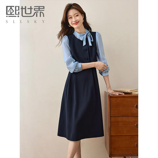 【五折购】熙世界法式蝴蝶结假两件连衣裙2025春秋新款通勤职场赫本风裙子 商品图0