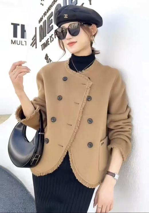 【高端系列】手工定制6220款100支10%羊绒➕90%澳洲羊毛短款流苏双面尼外套-喜出 商品图5