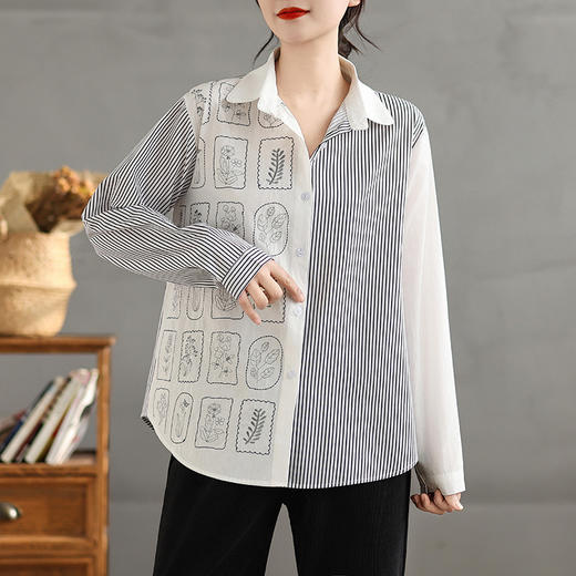 AHM wyss7076竖条纹拼接长袖衬衫时尚休闲通勤上衣 商品图2