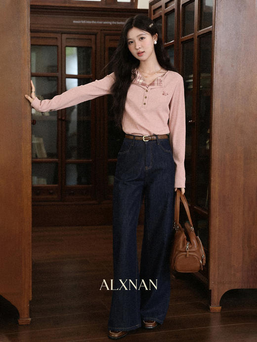 鹿向南「奶芙莓莓」假两件设计感长袖粉色T恤女秋季新款独特上衣 商品图2