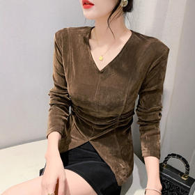 时尚垫肩褶皱收腰长袖开叉不规则丝绒小衫上衣女秋冬内搭外穿T恤