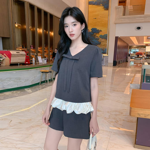 奢姿大码女装2026夏季时尚系带荷叶边套装胖妹妹简约减龄两件套装9952953540【1】 商品图1