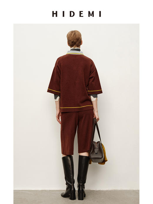HIDEMI 进口澳洲美利奴羊毛马卡龙拼接撞色polo领中袖中裤针织毛衣套装 polo衫/中裤 商品图4