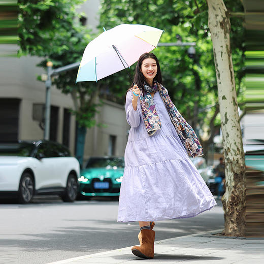 绽放旅行女装513朵/砂洗亚麻V领半开襟正常肩长袖蛋糕型连衣裙秋 商品图3