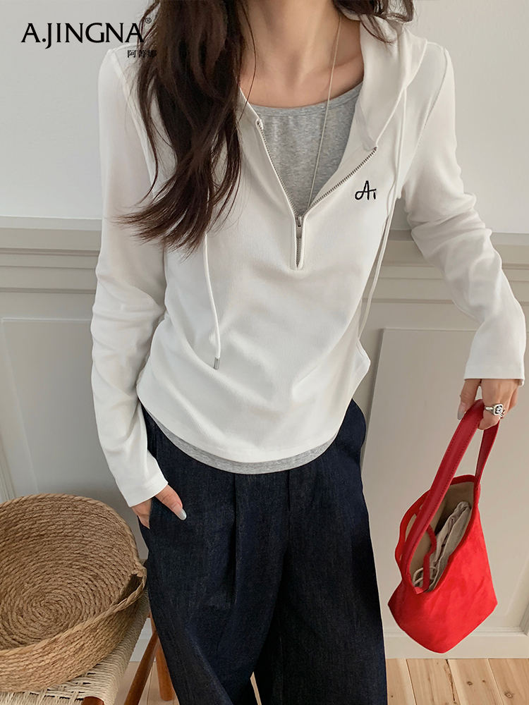 【淘衣节专享】阿菁娜俏皮减龄撞色设计百搭假两件连帽衫F30Q302028