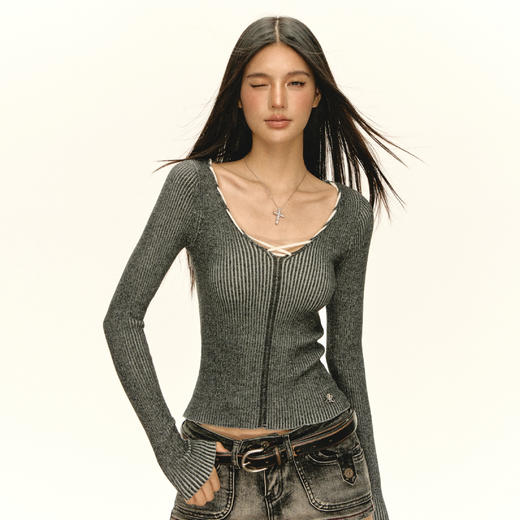 Ariseism 美式复古灰色网纱假双层上衣女秋季新款修身长袖上衣 商品图1