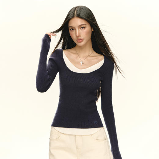 Ariseism 美式复古假两件v长袖领毛衣女秋季新款修身上衣 商品图2