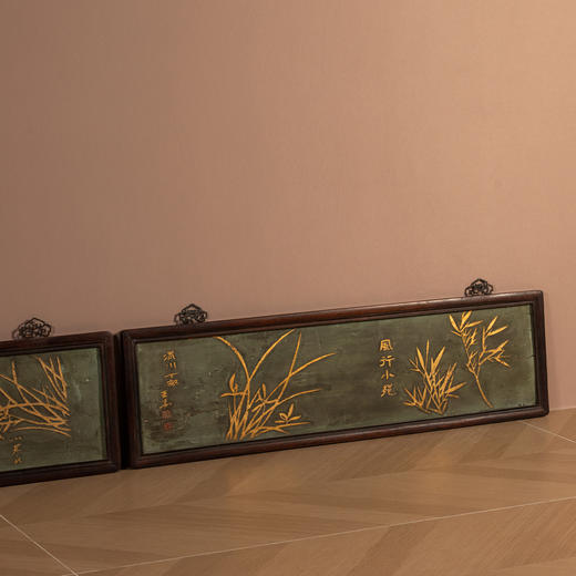 清	红木镶漆地描金竹兰双清图挂屏（一对） 商品图2