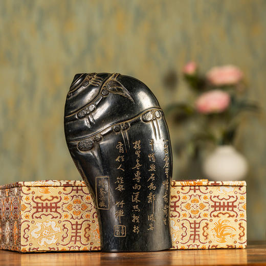 清	竹禅款缪荃孙藏紫檀雕竹节诗文随形臂搁 商品图0